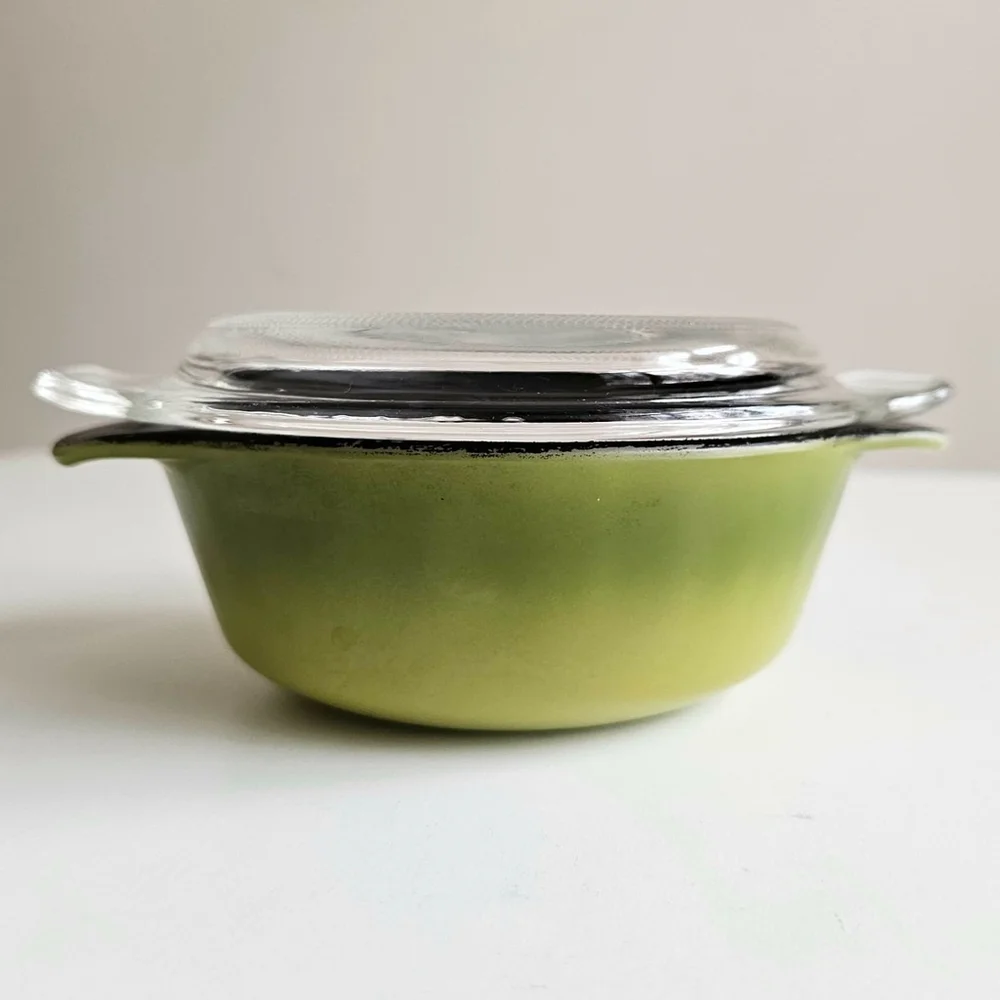 Vintage Anchor Hocking Fire-King 12 oz Olive Green Teflon Ovenware Dish w/ Glass